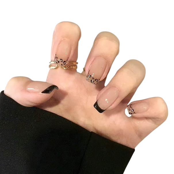 Estilo francés de leopardo 24 pcs Uñas acrílicas cuadradas Tips completos 12 tamaños Apariencia realista Comodidad de uso Para salón y manicura 1