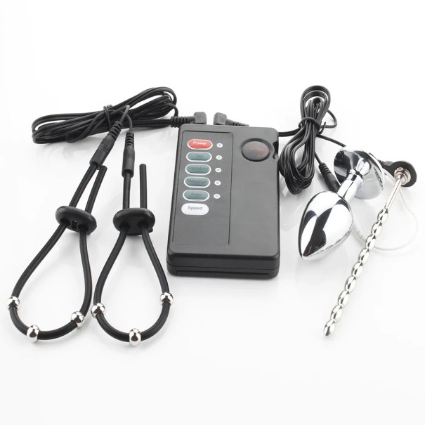 Estimulador eléctrico SM-69 con tapón anal, dilatador uretral y anillos para el pene para experiencias electrosexuales, embalaje discreto 1