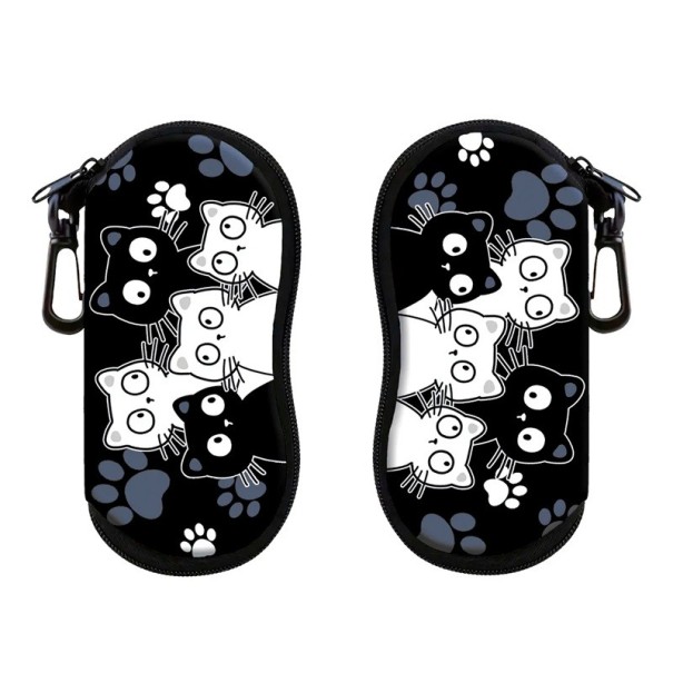 Estojo de óculos preto 17,9 x 8,5 cm com motivo de gatos desenhados com fecho de zip e mosquetão para pendurar Proteção de óculos preto