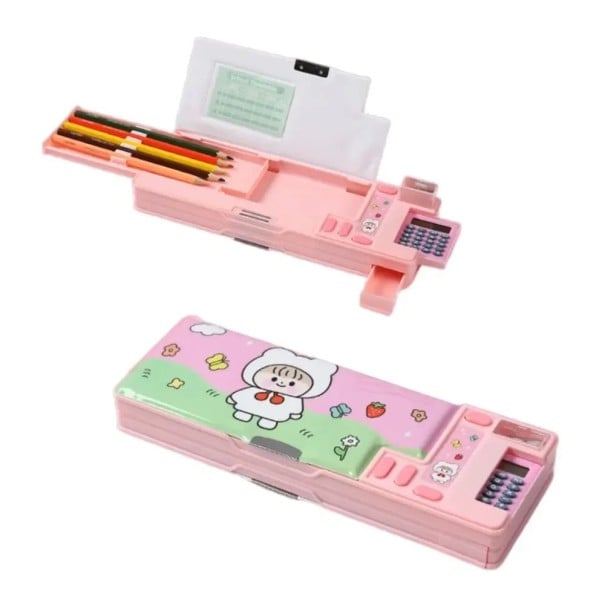 Estojo rosa de duas camadas com motivo de animais e calculadora Organizador de plástico para lápis com afia Caixa para material de escrita 26x9,5x3,5 1