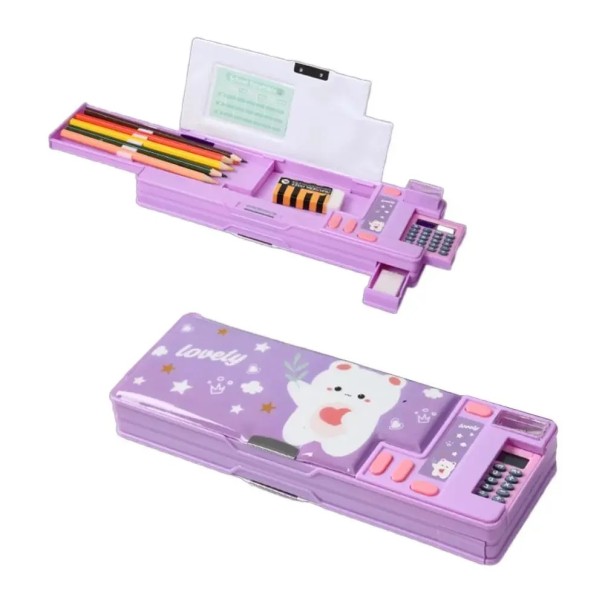 Estojo roxo de duas camadas com ursinho e calculadora Organizador de plástico para material de escrita com afia Caixa escolar 26x9,5x3,5 cm 1