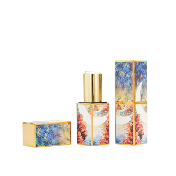 Estuche de plástico para barra de labios con motivo artístico colorido 22 × 74 mm diseño decorativo azul dorado multicolor para el almacenamiento de barra de labios 1