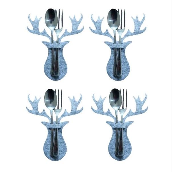Estuche para cubiertos navideño con motivo de reno 4 piezas gris