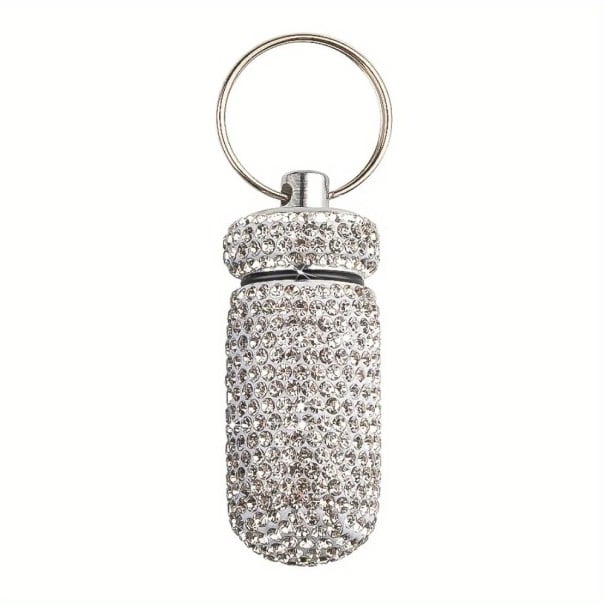 Estuche para pastillas con piedras 4,4 × 2 cm aleación de aluminio llavero para transportar medicamentos y pequeños objetos blanco