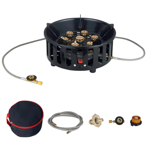 Estufa de camping de acero inoxidable 19800W 7 quemadores 23,5 x 10 cm Estufa de gas portátil con adaptadores y tubo Ideal para senderismo y cocina 1