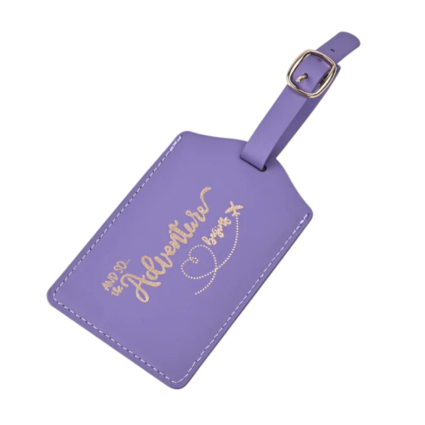 Etichetta da viaggio per valigia con scritta Adventure in PU pelle etichetta identificativa per bagagli con cinturino per contrassegnare valigie e borse da viaggio viola