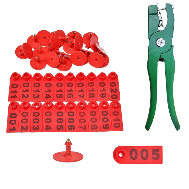 Etichette auricolari per animali da allevamento e pistola per applicazione Etichette auricolari 100 pz 001 - 100 rosso