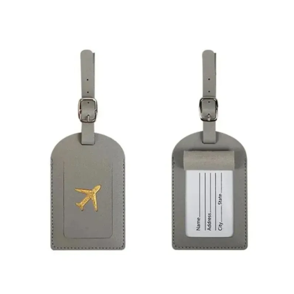 Etiqueta de dirección para maleta con inscripción 11×7 cm de cuero PU, etiqueta identificativa para equipaje para viajar gris