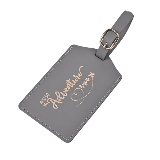 Étiquette de voyage pour valise avec inscription Adventure en cuir PU, étiquette d'identification pour bagages avec sangle pour marquer gris