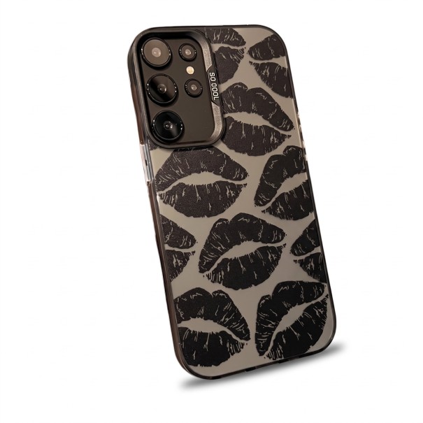 Étui à baisers pour Samsung Galaxy A55 5G Résistant Ultra fin Fond gris mat avec des lèvres noires Bord noir Protection de l'appareil photo Pour tous les jours 1