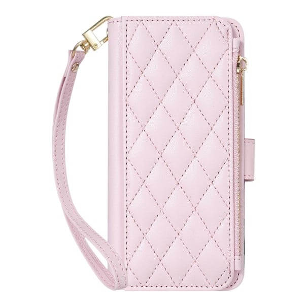 Étui à rabat matelassé pour Samsung Galaxy A25 Résistant Poche zippée Poches pour cartes Fermeture magnétique Dragonne amovible Étui rose