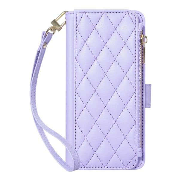 Étui en cuir matelassé pour Samsung Galaxy A24 Résistant Poche zippée Poches pour cartes Fermeture magnétique Dragonne amovible Étui violet