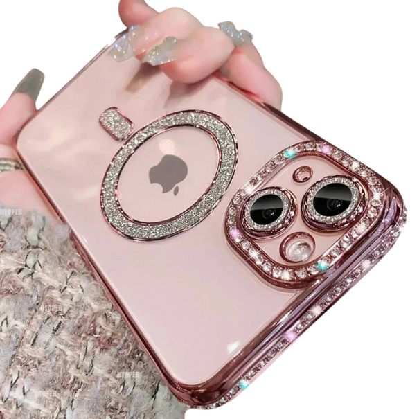 Etui iPhone 12 Pro Max Sparkling Stones Luksusowe etui z magnetyczną obsługą ładowania bezprzewodowego Elegancka ochrona i nowoczesny design różowy