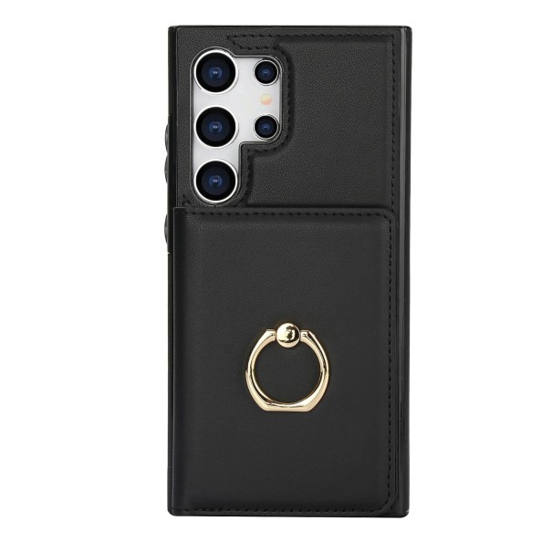 Etui na Samsung Galaxy S25 Ultra z portfelem i okrągłym uchwytem na palec z sztucznej skóry Kieszeń na karty i banknoty Stojak czarny