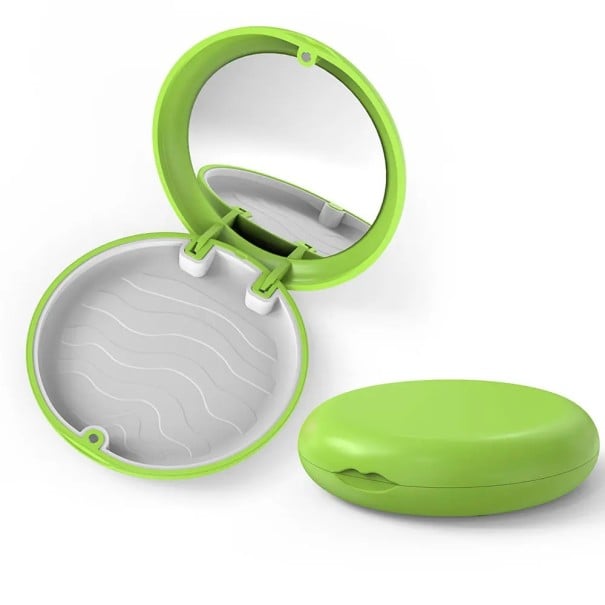 Étui pour appareils orthodontiques et prothèses dentaires avec miroir 9 x 9 x 2 cm plastique vert avec intérieur coloré pour le rangement gris