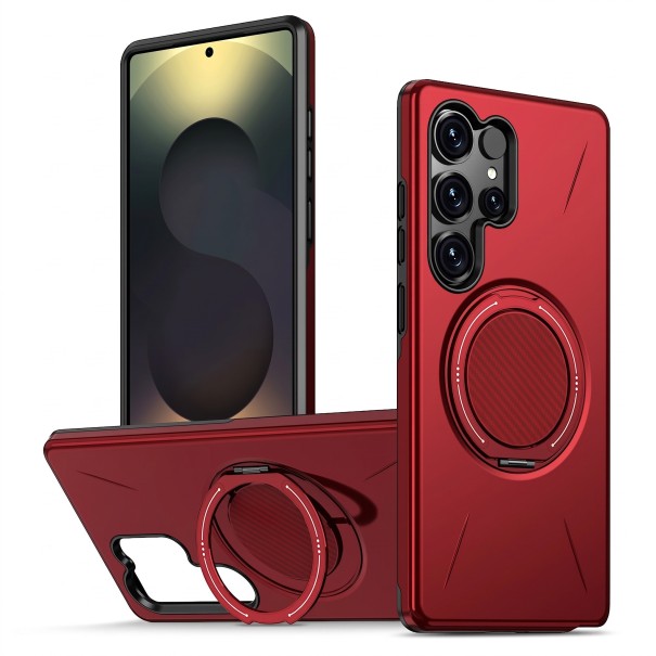 Étui pour Samsung Galaxy S24 Support rotatif à 360 degrés Compatible avec la charge sans fil Fibre de carbone Polycarbonate et TPU Coque de téléphone rouge
