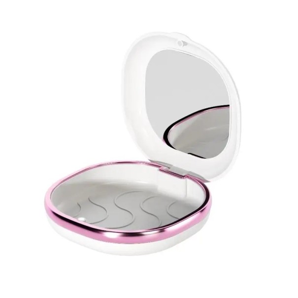 Etui til tandrettere med spejl 8,5 x 8 x 4,4 cm plast ABS hvid med farvet stribe til opbevaring af aligners og tandproteser rosa