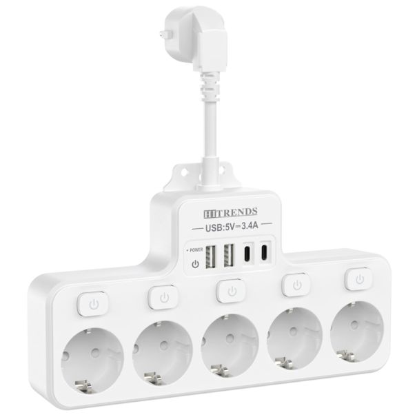EU-adapter med 5 stikkontakter, USB A + USB C, forlængerkabel 16A 3840W, hurtigopladning, individuelle kontakter, overbelastningsbeskyttelse hvid