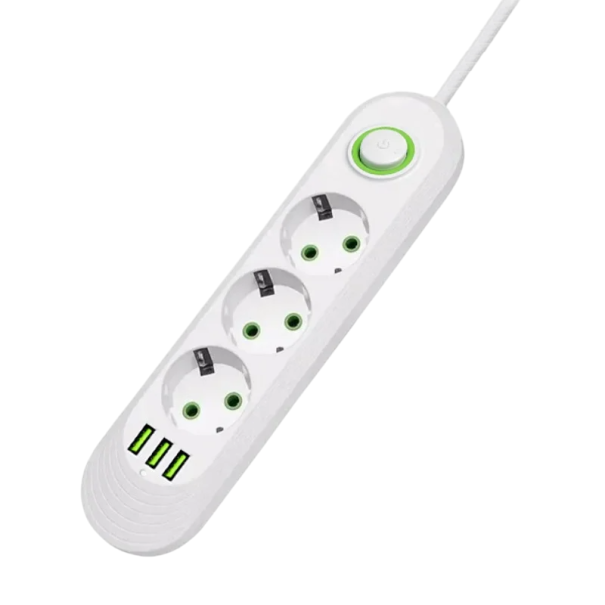 EU Extension Lead 2m 3AC 2500W with Socket and 3× USB A 2.1A Power Filter 5V Switch with Indicator Office Electrical Socket Adapter white