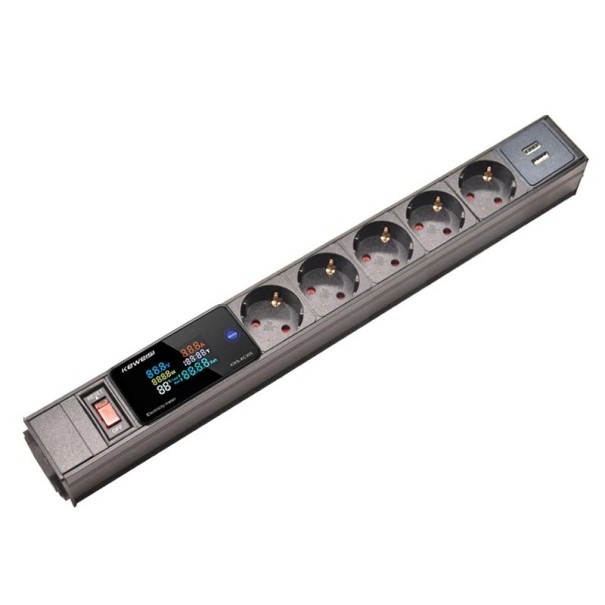 EU Extension Lead with Display and Power Consumption Measurement 5 Sockets 39.8 cm Aluminium Alloy + PC Cable 1.5 m for Home and Office 1