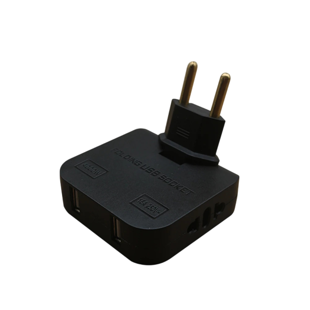 EU Plug Adapter Type E/F 250V 10A 2-Pin with 2x USB-A 2.4A and 2x Universal Socket Travel Charger Rotating black