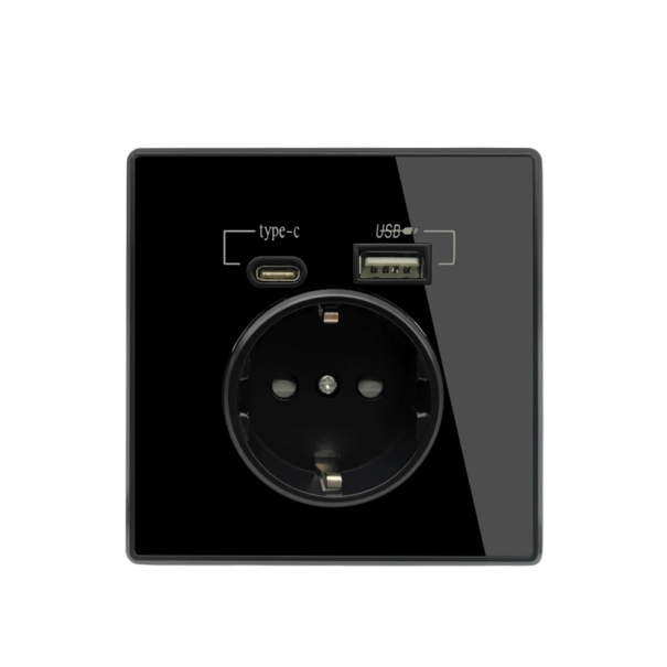 EU-stikkontakt med USB C- og USB A-porte Blå LED-indikator 16A-adapter Vægstikkontakt 5V 2100mA Universal EU AC-stik 86x86 mm 1