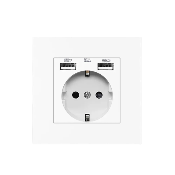 EU-stopcontactadapter 220V 16A 86×86 mm Stopcontact met aarding 2× USB A-poort 5V 2.1A Laadcontactdoos voor iOS Android wit