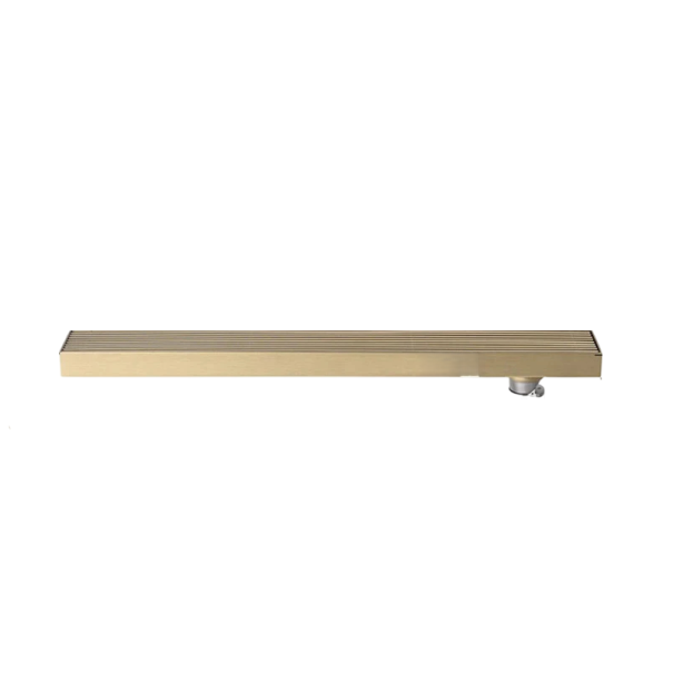 Évacuation de sol pour douche avec évacuation sur le bord et grille amovible 40 x 6,8 x 5,6 cm avec un col d'évacuation de 4,5 cm et un filtre doré
