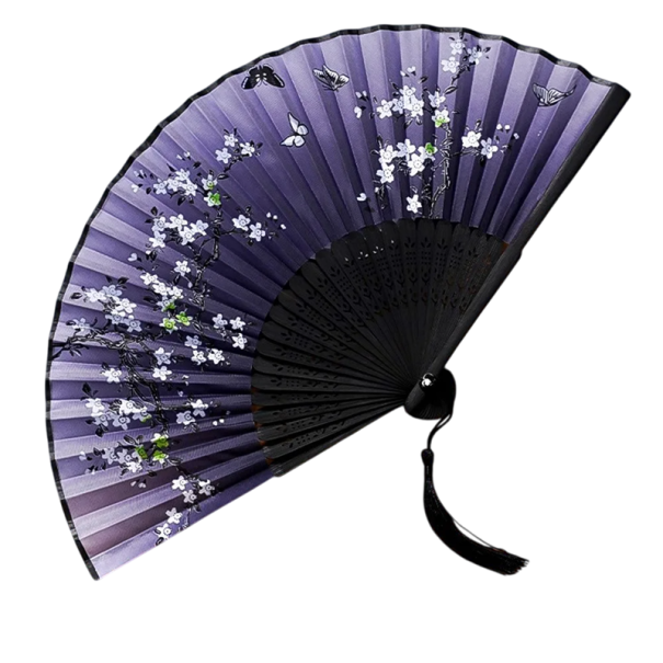 Éventail chinois pour femmes en bambou 21 x 38 cm Éventail élégant noir et violet avec des fleurs d'arbre Décoration traditionnelle Danse Accessoire 1