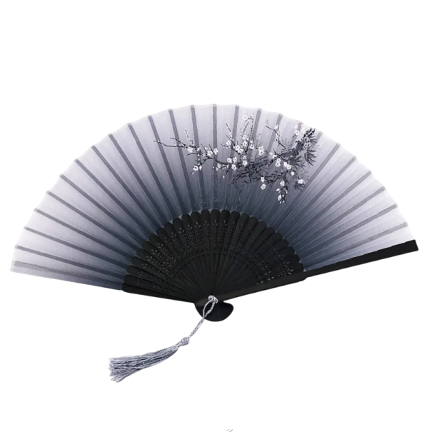 Éventail en bambou pliant pour femmes chinois Éventail gris avec une branche fleurie Accessoire élégant Danse Décoration Photographie Costume 1