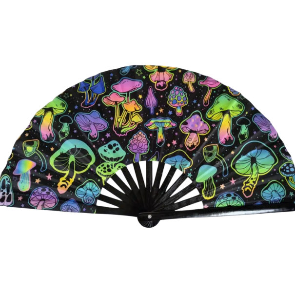 Éventail pliable fluorescent de 33 cm Éventail en tissu avec structure en bambou Éventail noir avec des champignons colorés Décoration Costume Danse 1