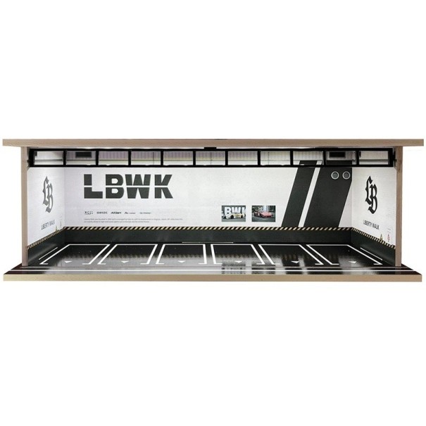 Exhibition Diorama Garage 30 x 13.5 x 10 cm Scale 1:64 LBWK Service Hall Roller Shutter Doors Black-Yellow Safety Stripe PVC ABS Model 1