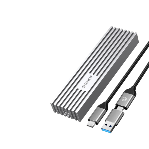 Externí pevný disk USB 3.2 Rychlost 10 Gbps NVMe PCIe M-Key Kovové tělo s chladicími žebry Kabel 30 cm Přenosné úložiště k notebooku i PC stříbrná