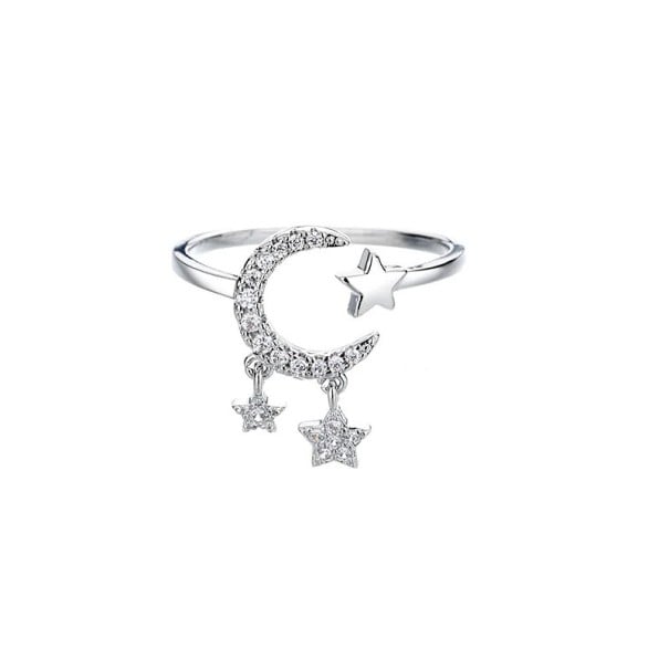 Ezüst női gyűrű állítható méret 16,5 mm átmérőjű Vékony nyitott gyűrű holdal és csillaggal 3/5 mm elegáns ékszer 1