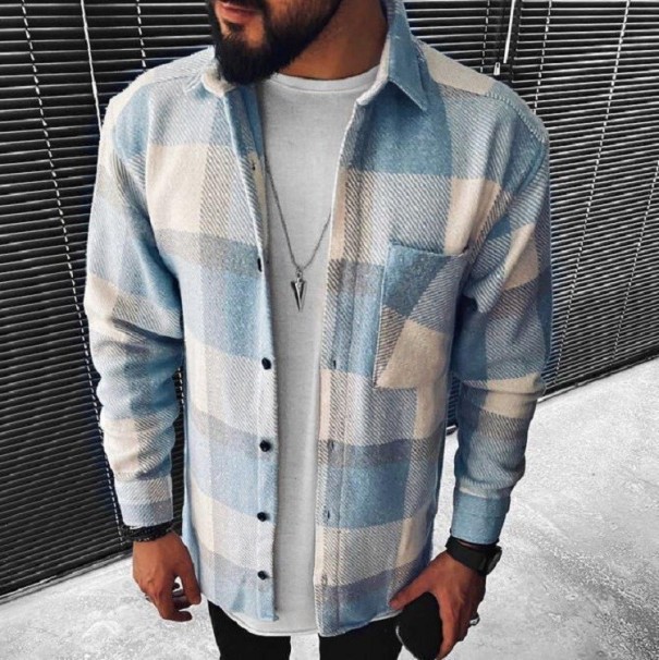 F858 Kariertes Herrenhemd hellblau XL