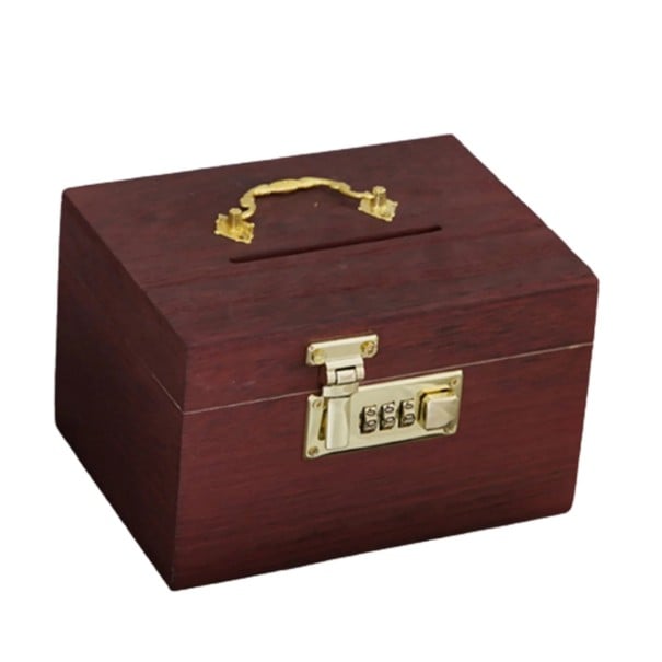 Fából készült persely arany részletekkel és kódzárral, 14,5×9,5×9,5 cm, fából készült szerkezet, biztonságos pénzmegőrzés 1