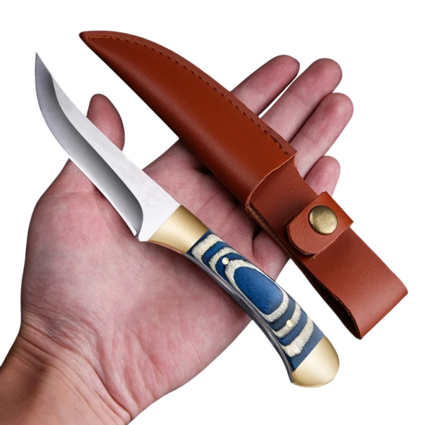 Faca de Caça com Lâmina de 19 cm e Estojo em Couro Faca de Sobrevivência Faca Militar Equipamento Outdoor Camping Caminhadas Bushcraft azul