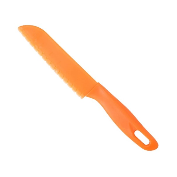 Faca de cozinha para crianças com lâmina serrilhada Faca segura de plástico para crianças Cortar fruta, legumes, pão Cozinhar com crianças na cozinha laranja