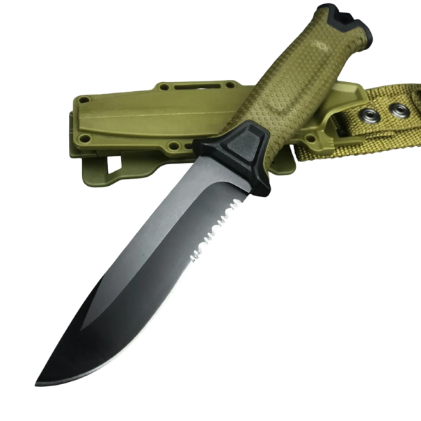 Faca de Exterior 22 cm com Lâmina Fixa em Aço Inoxidável Lâmina Combinada Cabo Antiderrapante Com Estojo Camping Turismo Utilização Táctica verde