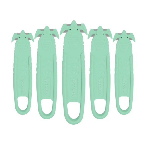 Faca de segurança para cartão 14 cm Lâmina dobrável Cabo ergonómico Cortador de caixas 5 pcs Conjunto para armazéns e lares azul