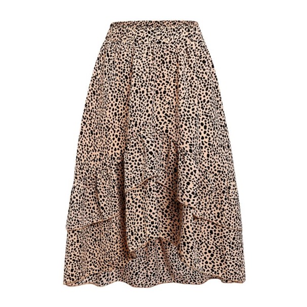 Falda asimétrica de mujer con volantes Falda midi más corta en la parte delantera y más larga en la trasera Patrón de pequeñas manchas marrón claro S