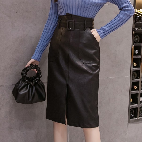 Falda de piel de mujer con abertura A1013 negro M