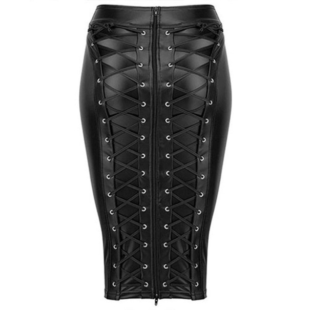 Falda de piel para mujer con cremallera y cordones negro M