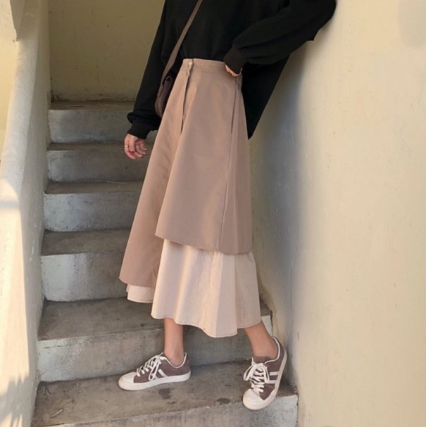 Falda larga bicolor para mujer caqui M