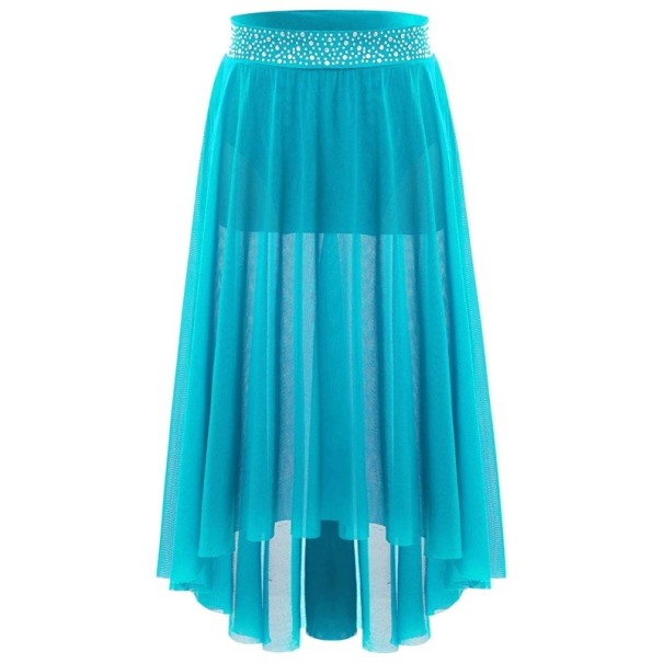 Falda larga de baile para niñas con cinturón de piedras brillantes y tul transparente de varias capas, poliéster, para ballet, gimnasia y actuaciones azul claro 6