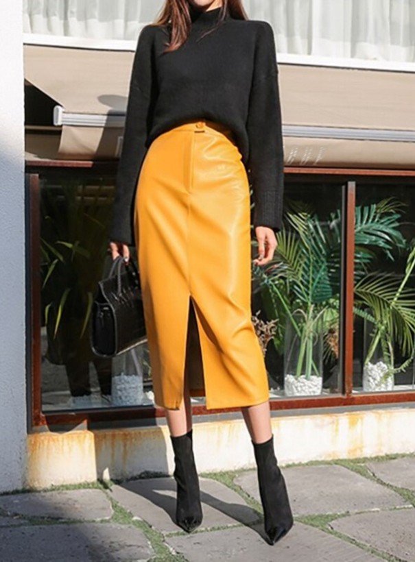 Falda larga de cuero para mujer con abertura amarillo M Falda larga de cuero para mujer con abertura amarillo M
