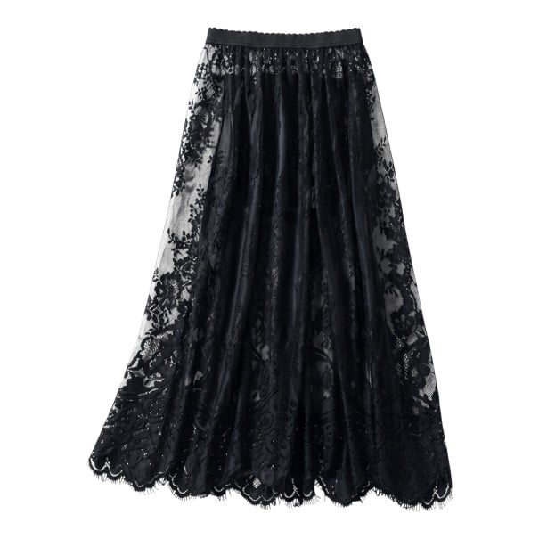 Falda larga de encaje de malla con patrón floral y goma en la cintura para mujer, transparente, para debajo de vestidos, talla única negro