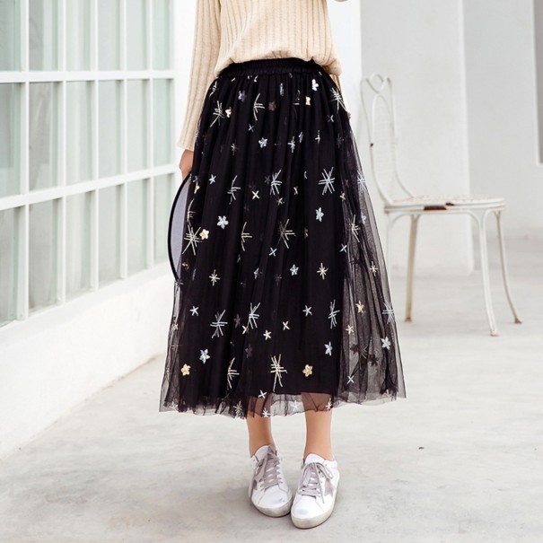 Falda larga de tul para mujer con estrellas negro XS