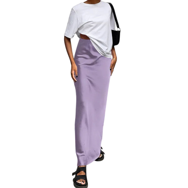 Falda larga elegante de satén con cintura alta y brillante hasta los tobillos para mujer, falda maxi de moda para fiesta de noche. morado M