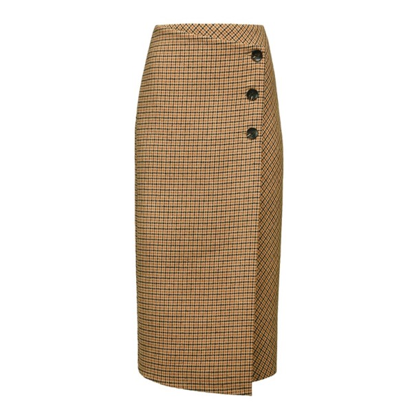 Falda midi de cuadros para mujer con pliegue y botones Patrón marrón suave Lana con poliéster Falda elegante para cada día M